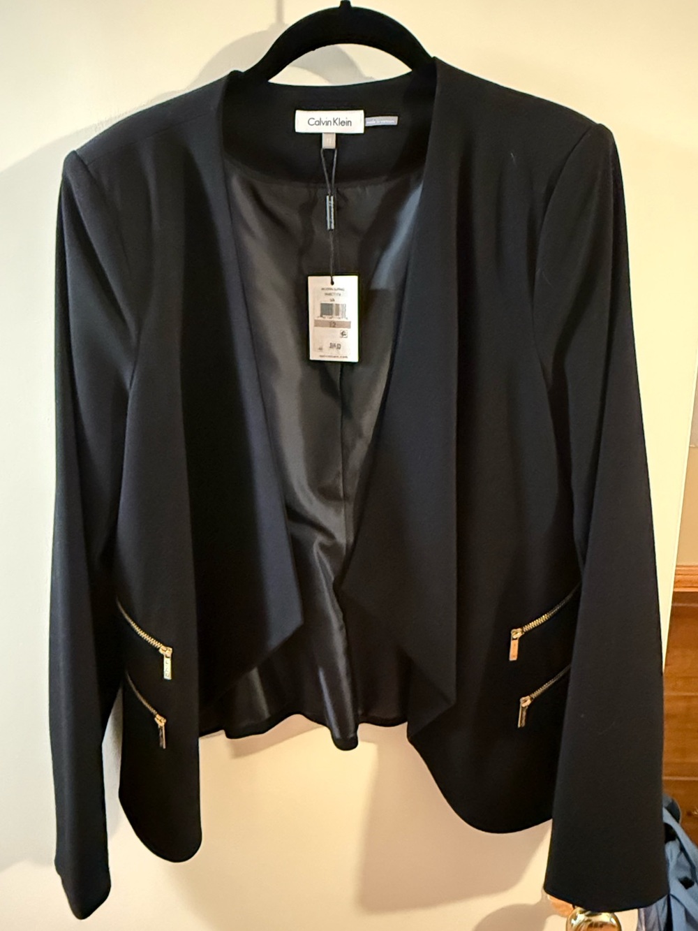 Calvin Klein Black Open-Front Draped Blazer with Gold Zippers